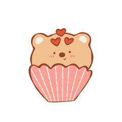 Cute bear cupcake in pink liner with heart decorations and blushing face expressing love and sweetness