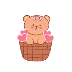 Cute brown bear with pink hearts and bow in woven basket, sweet romantic illustration full of charm