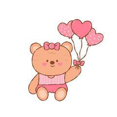 Cute pink bear wearing striped dress and bow holding heart balloons, cheerful adorable baby teddy illustration