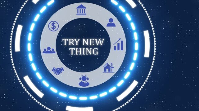 A try new thing button with blue digital data flow technology network background. Seamless loop technology network concept . Futuristic digital technology animated background.