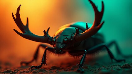 A majestic stag beetle with large antlers stands on the ground viewed from the side in a vibrant setting