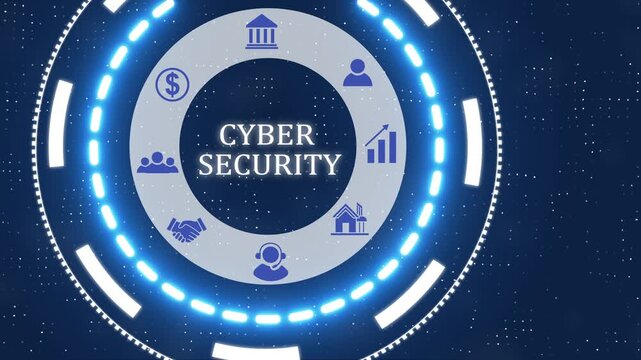A cyber security button with blue digital data flow technology network background. Seamless loop technology network concept . Futuristic digital technology animated background.