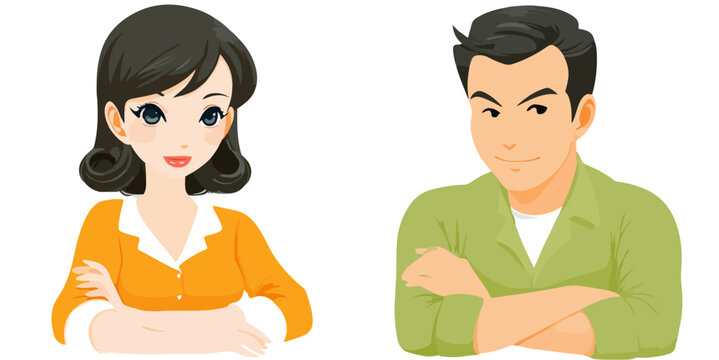 Ilustraci&oacute;n de pareja con brazos cruzados, mujer sonriente y hombre con expresi&oacute;n seria sobre fondo blanco.
