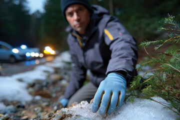 A close-up shot captures a forensic expert picking up evidence from a snow-covered roadside, illustrating the meticulous nature of crime scene investigations in winter.