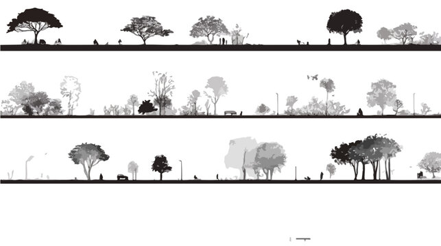 Siluetas de &aacute;rboles y vegetaci&oacute;n en perfil urbano, dise&ntilde;o arquitect&oacute;nico con fondo transparente.