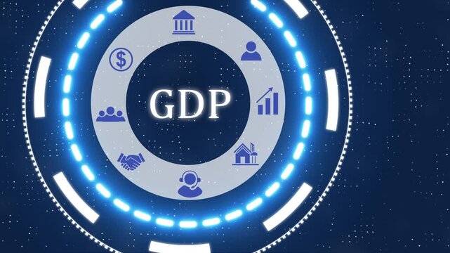 A GDP button with blue digital data flow technology network background. Seamless loop technology network concept . Futuristic digital technology animated background.