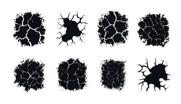Conjunto de ocho texturas de grietas oscuras y secas con fondo transparente, ideales para efectos de dise&ntilde;o.