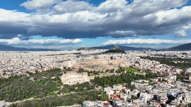 Drone video of the Acropolis of Athens, Greece on a sunny day
