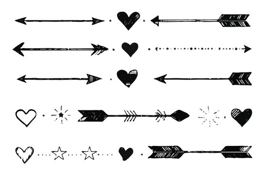 Conjunto de divisores dibujados a mano con flechas, corazones y elementos decorativos sobre fondo transparente.