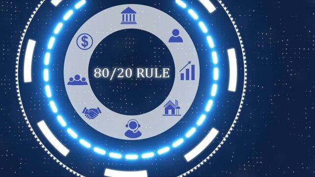 A 80/20 rule button with blue digital data flow technology network background. seamless loop technology network concept . Futuristic digital technology animated background.