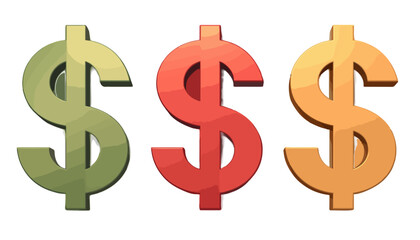 S&iacute;mbolos de d&oacute;lar tridimensionales en tonos verde, rojo y naranja sobre fondo blanco aislado.