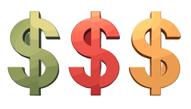S&iacute;mbolos de d&oacute;lar tridimensionales en tonos verde, rojo y naranja sobre fondo blanco aislado.