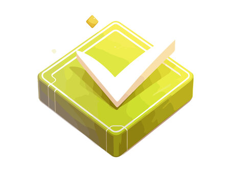 S&iacute;mbolo isom&eacute;trico de verificaci&oacute;n o checkmark blanco sobre un bloque verde brillante con fondo transparente.
