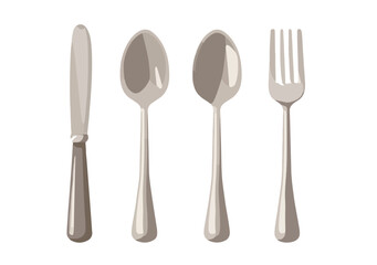 Juego de cubiertos met&aacute;licos plateados, cuchillo, dos cucharas y tenedor, aislado sobre fondo blanco.