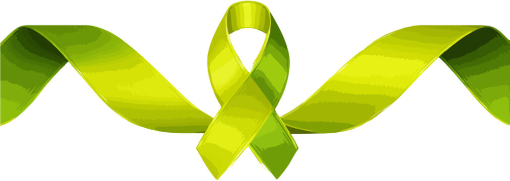 Lazo de conciencia verde brillante ondulado aislado sobre fondo blanco, s&iacute;mbolo de apoyo y esperanza.