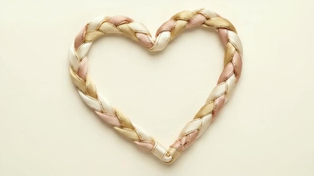 Braided Satin Ribbon Heart with Pink and Gold Strands on Beige Background 4K