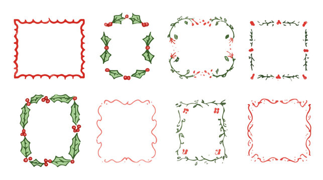 Colecci&oacute;n de ocho marcos y bordes navide&ntilde;os dibujados a mano con motivos de acebo y bayas sobre fondo blanco.