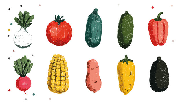 Ilustraci&oacute;n dibujada a mano de una colecci&oacute;n de verduras frescas y coloridas con fondo transparente.
