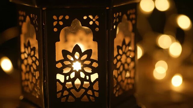 Intricate Brass Ramadan Lantern with Flickering Candlelight and Decorative Patterns