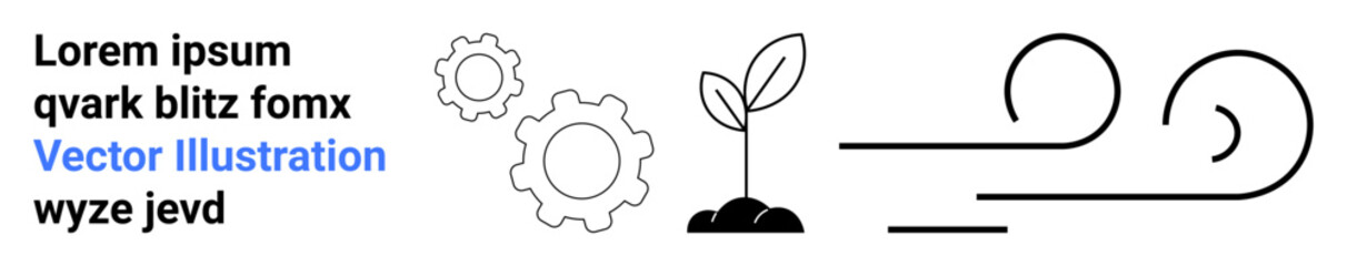 Environmental conservation, renewable energy, technology, nature, sustainability, innovation. Gears, a seedling and wind lines . Environmental conservation and renewable energy concept