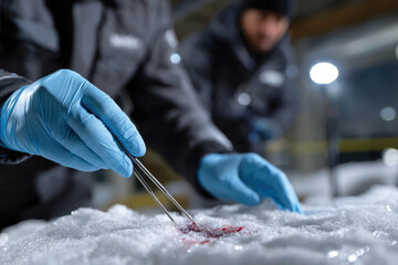 A detailed close-up of forensic tools at work inside snow, capturing the intensity and precision involved in investigative processes during challenging conditions.