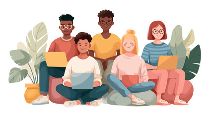 Obraz premium Grupo diverso de jóvenes estudiantes o profesionales trabajando juntos con computadoras portátiles sobre fondo blanco