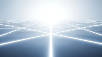Abstract futuristic grid with glowing lines and bright light horizon, digital technology background