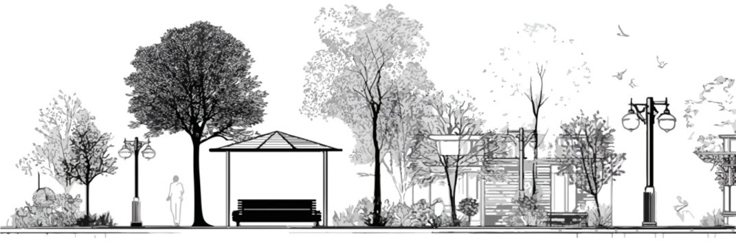 Dibujo lineal monocrom&aacute;tico de una parada de autob&uacute;s y &aacute;rboles en un entorno urbano con fondo transparente.