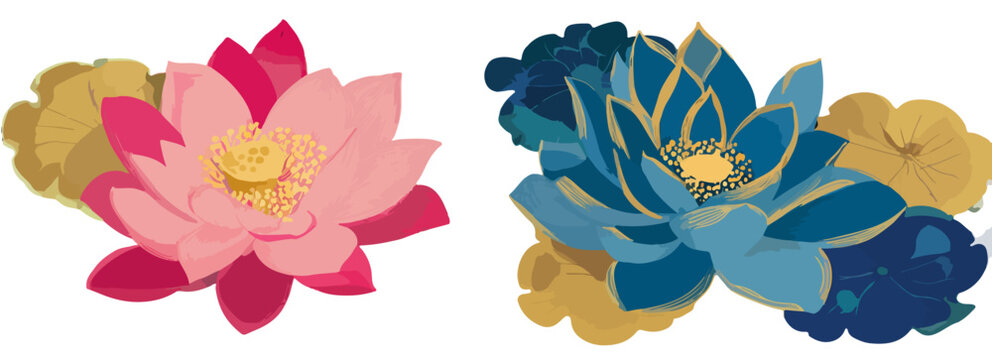 Ilustraci&oacute;n vectorial de dos flores de loto estilizadas, una rosa y otra azul, con detalles dorados sobre fondo blanco.