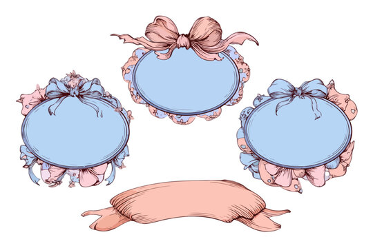 Conjunto de tres marcos ovalados azules con lazos y volantes rosas, dise&ntilde;o vintage dibujado a mano.