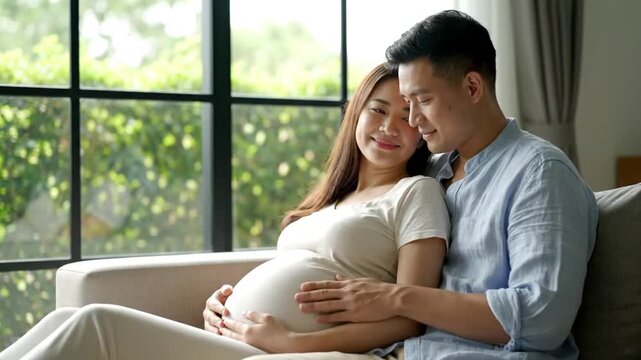 pregnant woman sitting on cozy sofa husband beside her holding baby bump with tenderness loving couple sharing intimate family moment gentle smiles warm affection bright modern living room glass windo