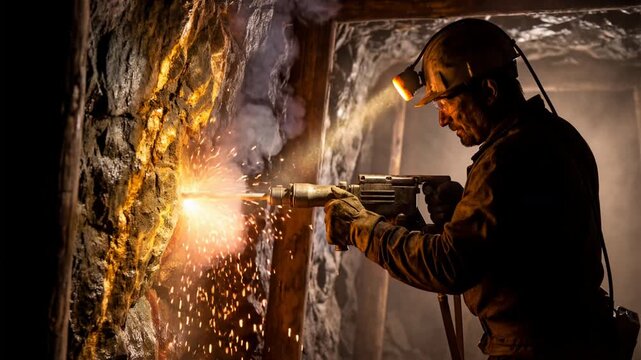 Mature male miner using a pneumatic drill on a gold ore vein in a deep underground tunnel, heavy industry and manual labor for mineral extraction and mining