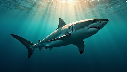 Obraz premium A majestic shark swims underwater with sunlight rays shining through the ocean surface from above in a serene aquatic environment