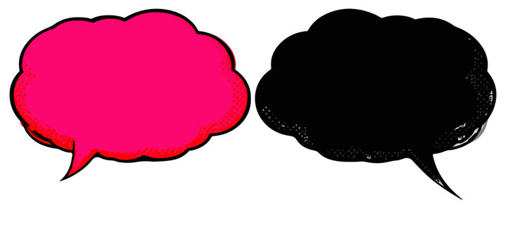 Dois bal&otilde;es de fala, um rosa vibrante e outro preto, isolados sobre fundo transparente para anota&ccedil;&otilde;es.