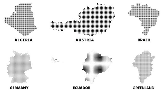Pixel Algeria, Austria, Brazil, Germany, Ecuador and Greenland maps. Black halftone dotted country icon. Vector illustration.