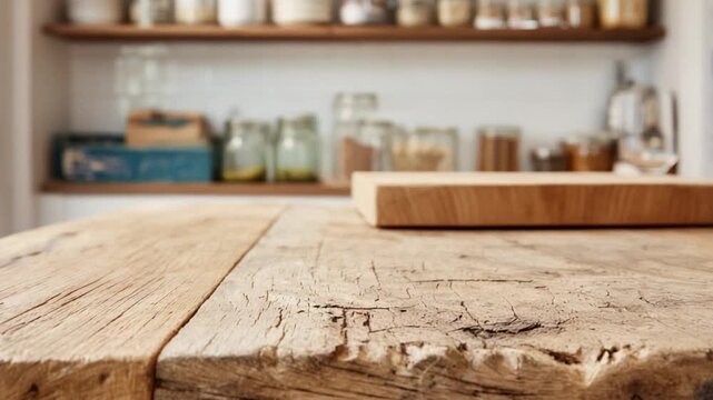 Rustic Kitchen Decor: The warmth of a rustic wooden table and cutting board take center stage in a cozy kitchen space, complemented by open shelving filled with jars and supplies. 
