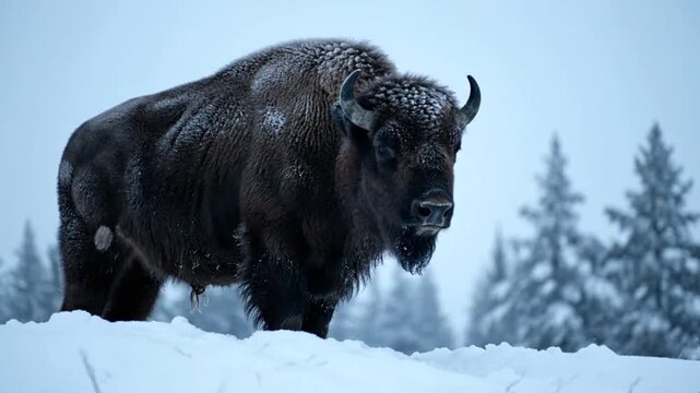 Majestic black bear trudges through fresh snow in a quiet winter forest.