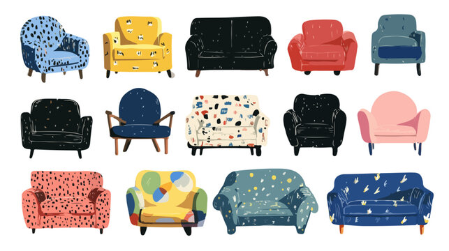 Cole&ccedil;&atilde;o vetorial de sof&aacute;s e poltronas coloridas com diferentes estampas e designs modernos isolados