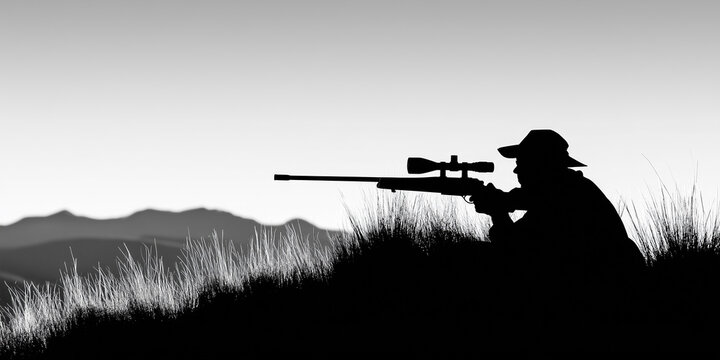 Silhouette of a hunter aiming a scoped rifle on a grassy hillside with distant mountains in the background.