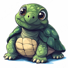 A cute cartoon illustration of a happy tortoise with a turtle and a green leaf featuring a funny smile and cheerful character art isolated as reptile drawing