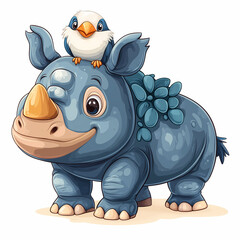 Cute cartoon rhino character waving in a fun wildlife illustration featuring a happy baby animal design for a safari zoo comic
