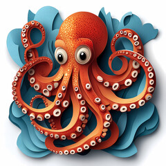 Vintage illustration of a floral octopus and fish in the sea with a heart symbol and dragon wave patterns in an ornamental tattoo art style