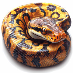A closeup studio portrait of a dangerous wild ball python regius reptile with brown scales and distinct eyes isolated on a white background