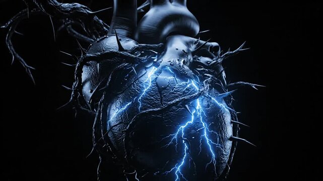 Blue electric heart with glowing veins against a dark background, a science concept illustration.