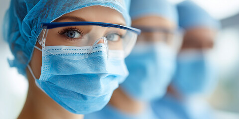 Close up portrait of a healthcare professional in surgical mask, protective goggles and medical cap in a hospital environment.