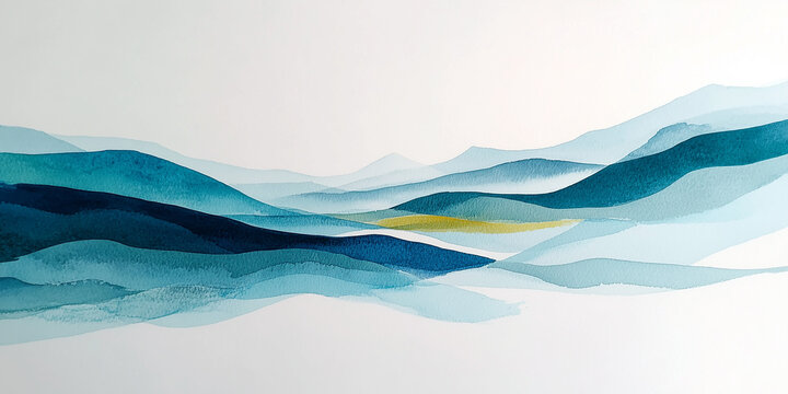 Serene watercolor landscape featuring layered blue and teal waves resembling misty mountains.