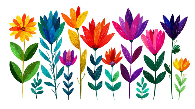 Ilustra&ccedil;&atilde;o vibrante de flores estilizadas com cores vivas e fundo transparente, arte bot&acirc;nica moderna.