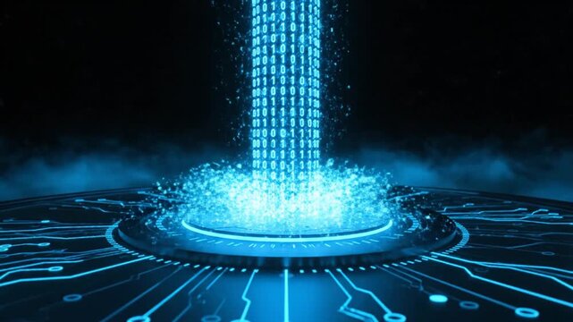 Futuristic digital fountain of light pouring into a holographic data circle.