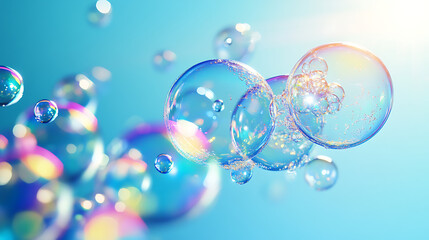 Fototapeta premium Floating Iridescent Soap Bubbles Closeup, Colorful Spheres under Blue Dreamy Background, Abstract Art Texture, Suitable for Kids Bath Product and Fantasy Theme Design