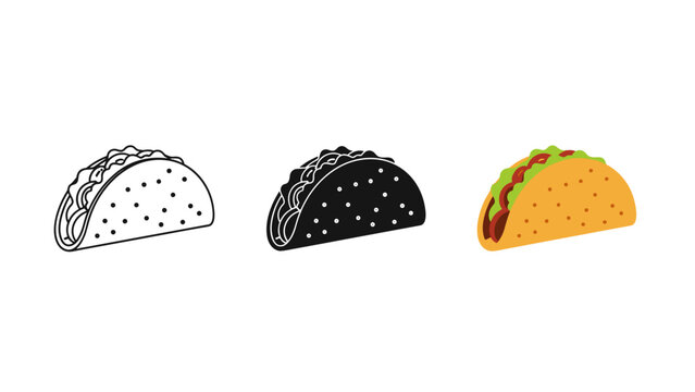 Tacos in three styles line art black and white and colorful with lettuce and meat